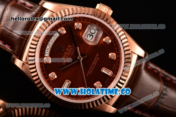 Rolex Day-Date Asia 2813/Swiss ETA 2836/Clone Rolex 3135 Automatic Rose Gold Case with Diamonds Markers and Brown Dial (BP) - Click Image to Close